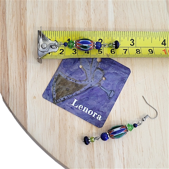 Hand Crafted Lampwork Lapis Earrings Beaded Dangle 2.5" Blue Green & Red Stripes - Picture 6 of 8